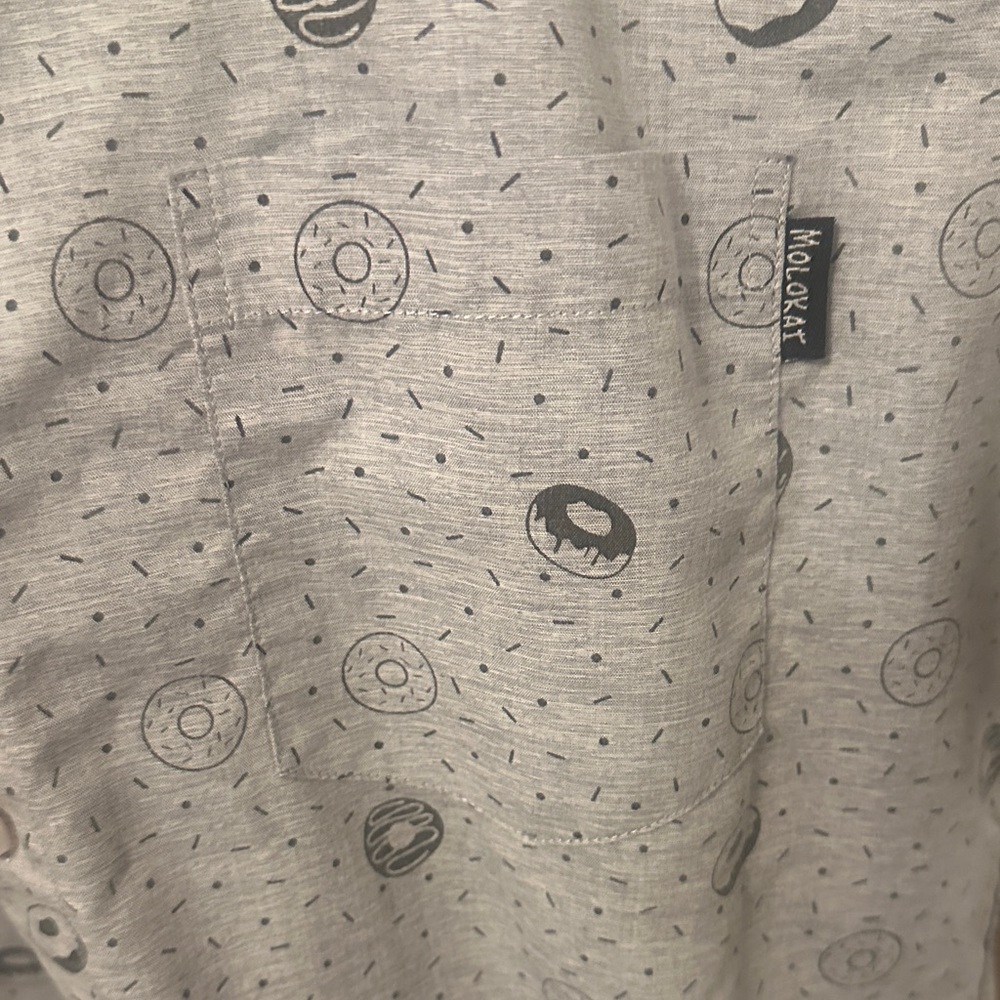 White  and Grey Short-Sleeve Button-Down Shirt with Donut Print - Picture 3 of 4